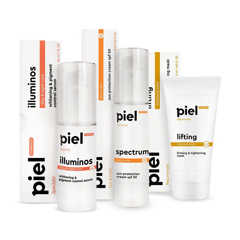 Комплекс для обличчя Piel Cosmetics Захист та корекція гіперпігментації. Активне літо (сироватка, 30 мл + сонцезахисний крем, 50 мл + маска, 75 мл)